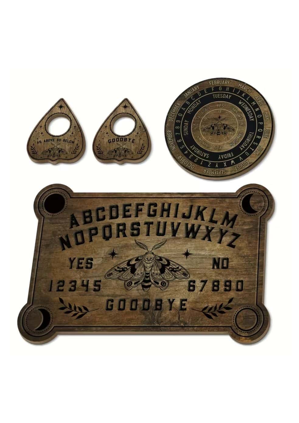 Vintage-style wooden death moth ouija board with engraved letters numbers and central moth design for spirit board use